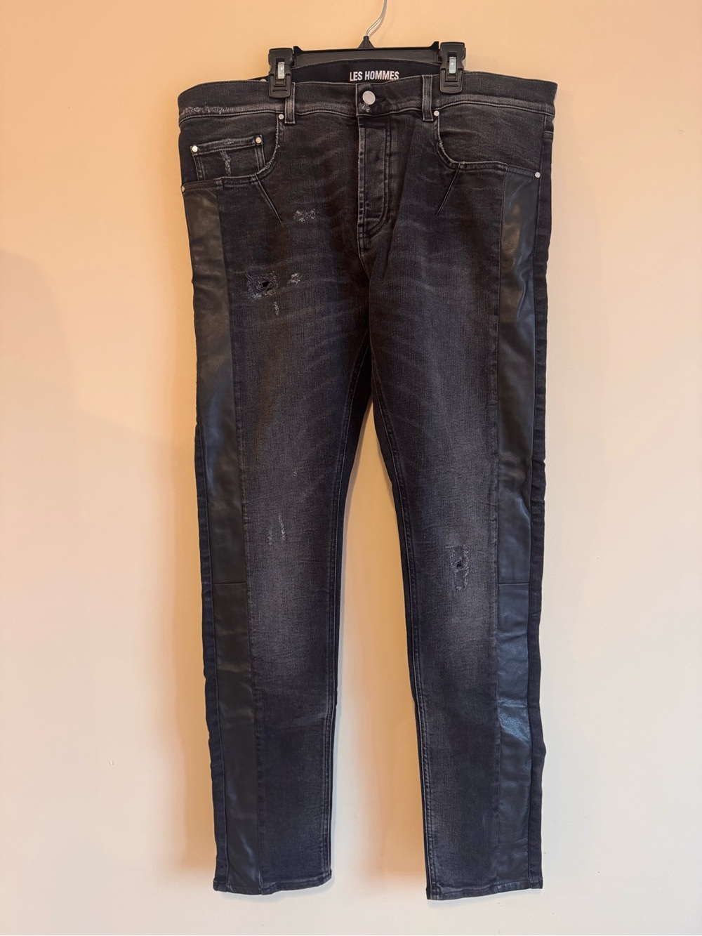 NWOT Les Hommes Black Skinny Jeans with Leather-look Side Panels